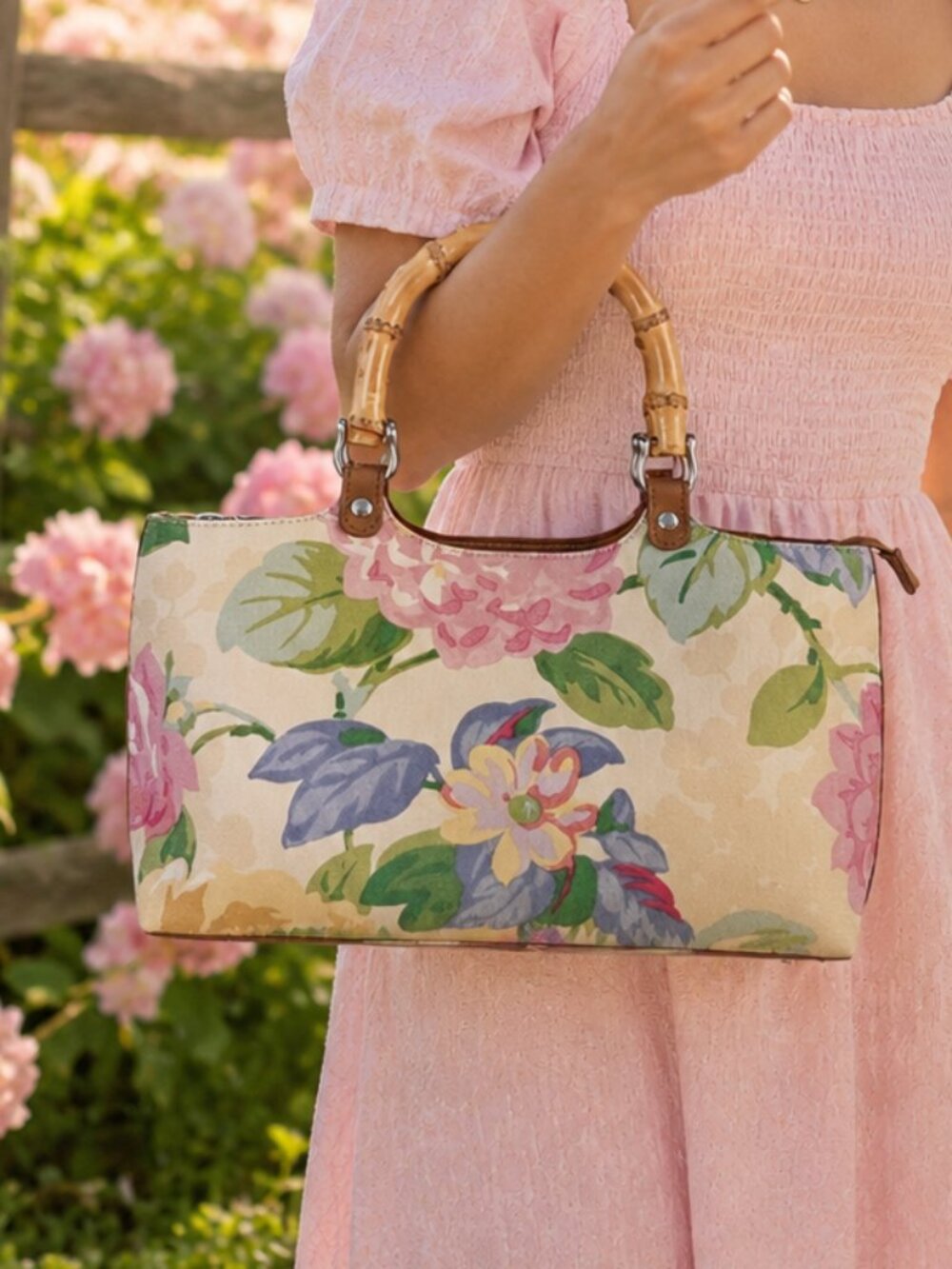 Vintage Relic by Fossil Floral Canvas Satchel Bag Bamboo Handles EUC